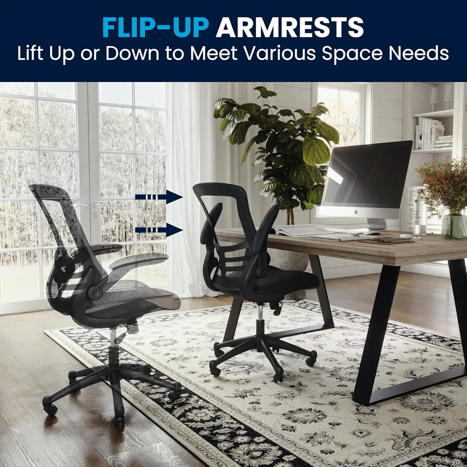 Flash Furniture Kelista Mid-Back Swivel Office Chair with Adjustable Seat Height, Ergonomic Mesh Desk Chair with Flip-Up Armrests, Black