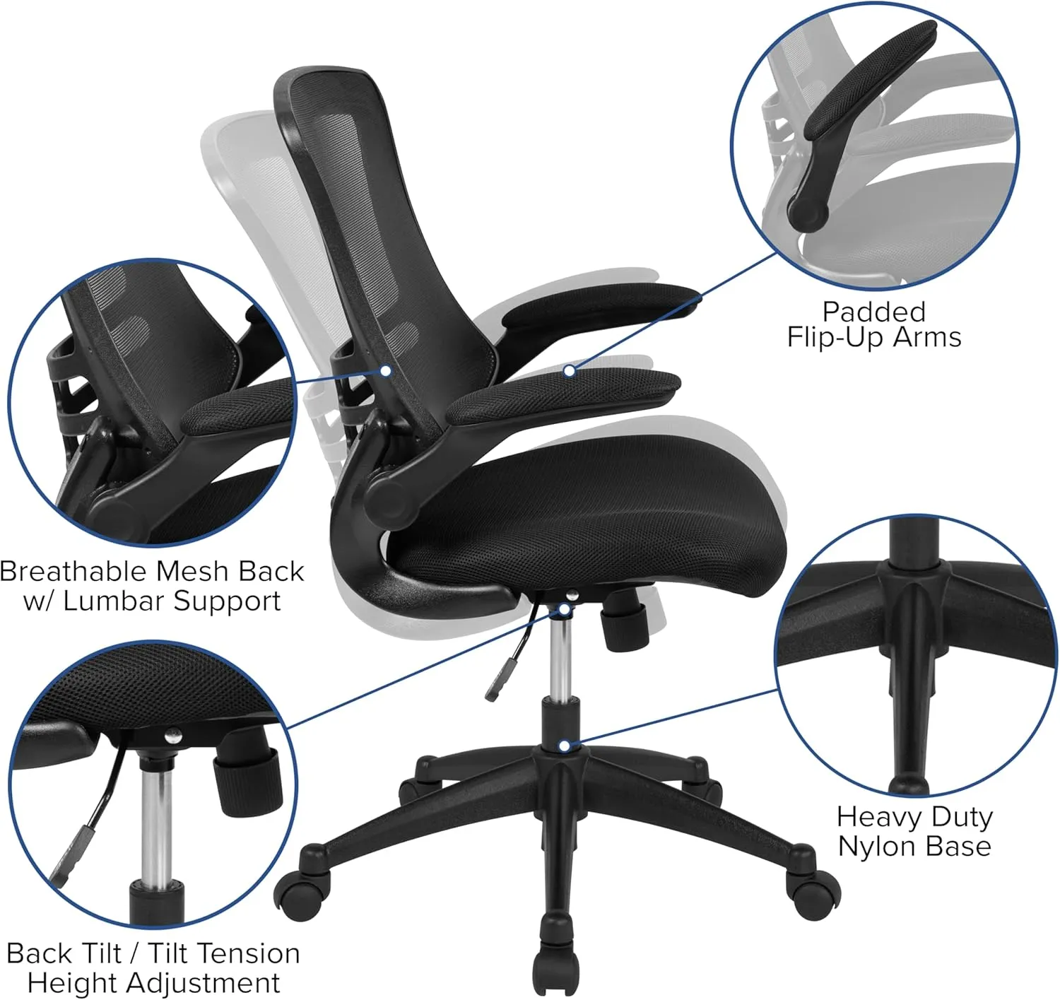 Flash Furniture Kelista Mid-Back Swivel Office Chair with Adjustable Seat Height, Ergonomic Mesh Desk Chair with Flip-Up Armrests, Black