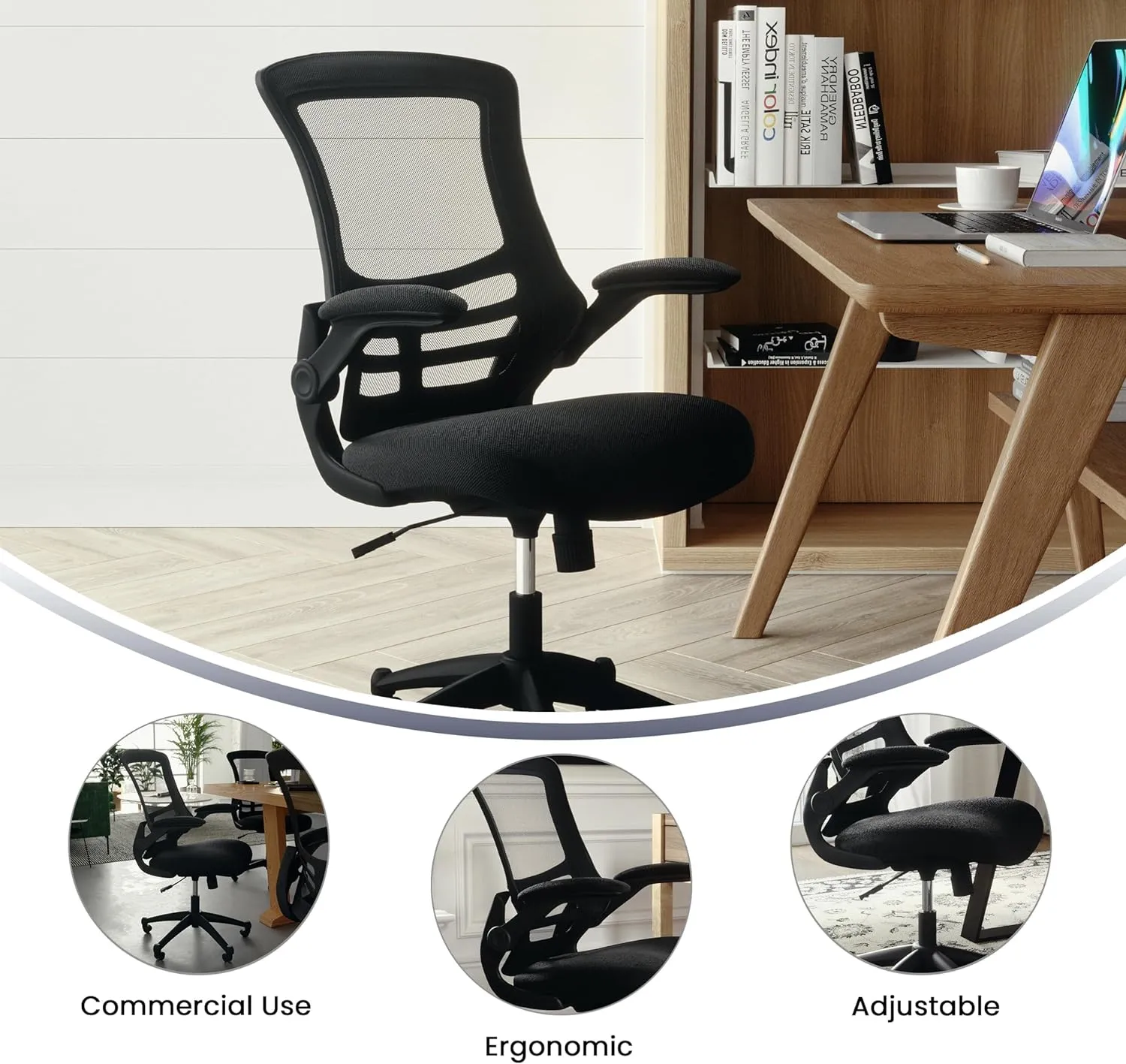 Flash Furniture Kelista Mid-Back Swivel Office Chair with Adjustable Seat Height, Ergonomic Mesh Desk Chair with Flip-Up Armrests, Black
