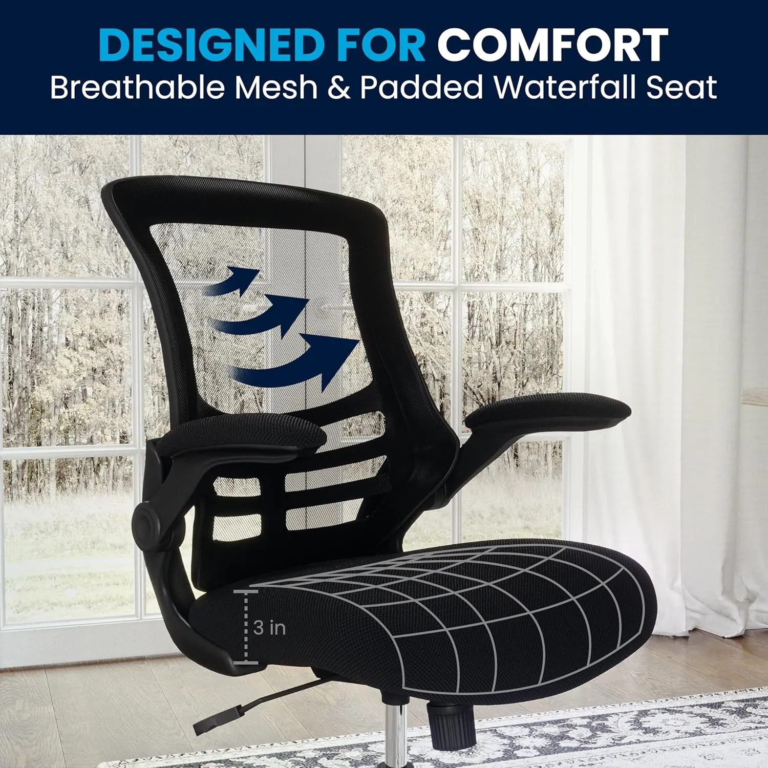 Flash Furniture Kelista Mid-Back Swivel Office Chair with Adjustable Seat Height, Ergonomic Mesh Desk Chair with Flip-Up Armrests, Black