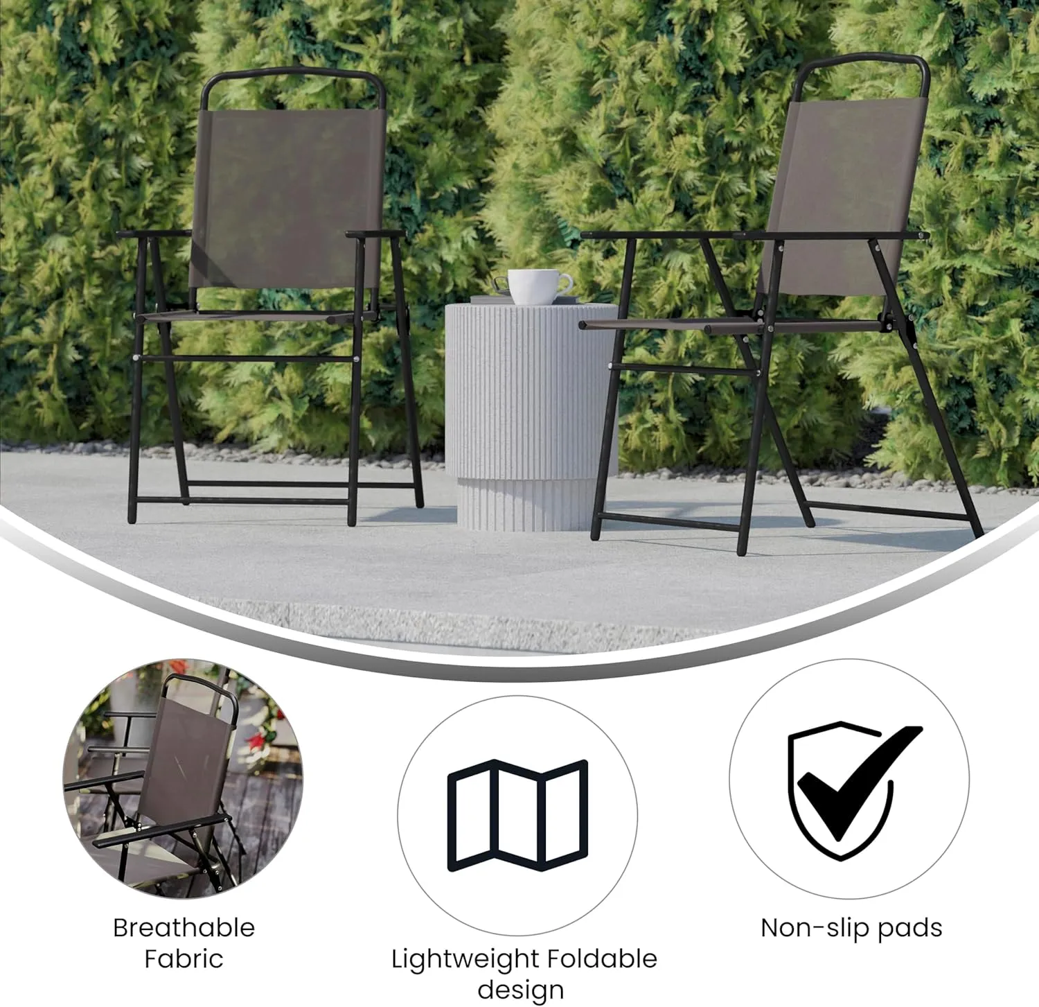Flash Furniture Mystic Folding Patio Sling Chairs, Outdoor Textilene Lawn Chairs with Armrests, Set of 2, Brown