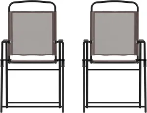 Flash Furniture Mystic Folding Patio Sling Chairs, Outdoor Textilene Lawn Chairs with Armrests, Set of 2, Brown