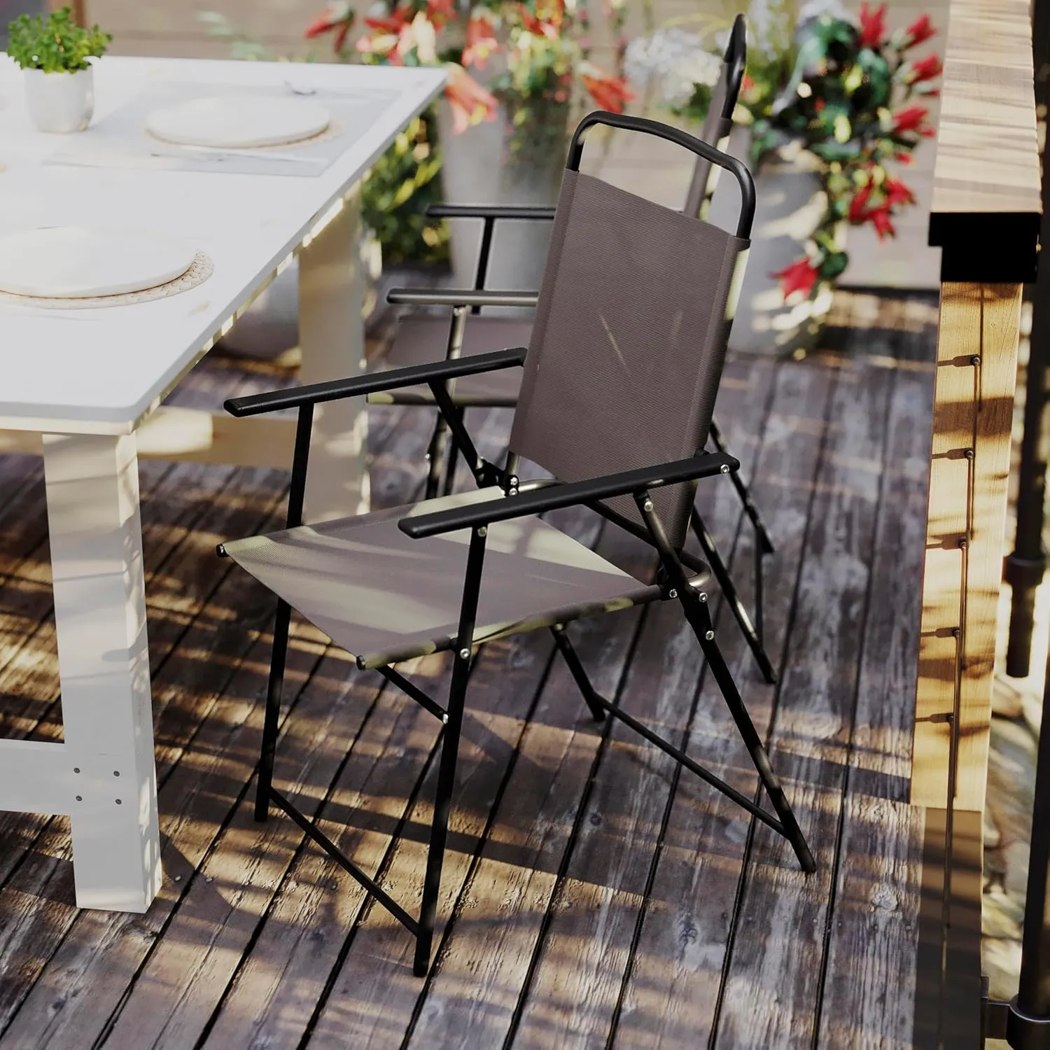 Flash Furniture Mystic Folding Patio Sling Chairs, Outdoor Textilene Lawn Chairs with Armrests, Set of 2, Brown