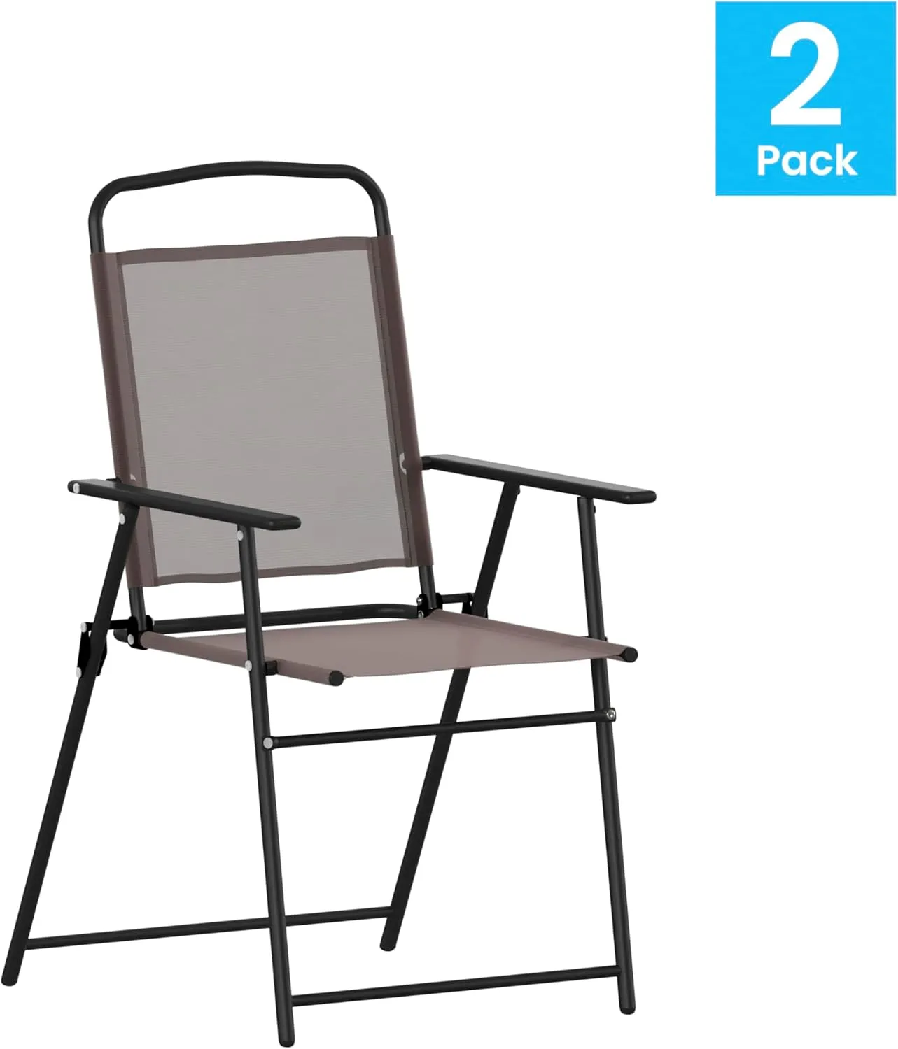 Flash Furniture Mystic Folding Patio Sling Chairs, Outdoor Textilene Lawn Chairs with Armrests, Set of 2, Brown