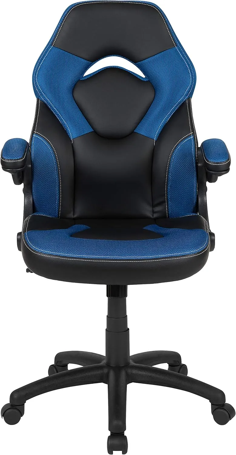Flash Furniture X10 High-Back LeatherSoft Racing Style Gaming Chair with Flip-Up Arms, Ergonomic Padded Swivel Computer Chair, Blue/Black