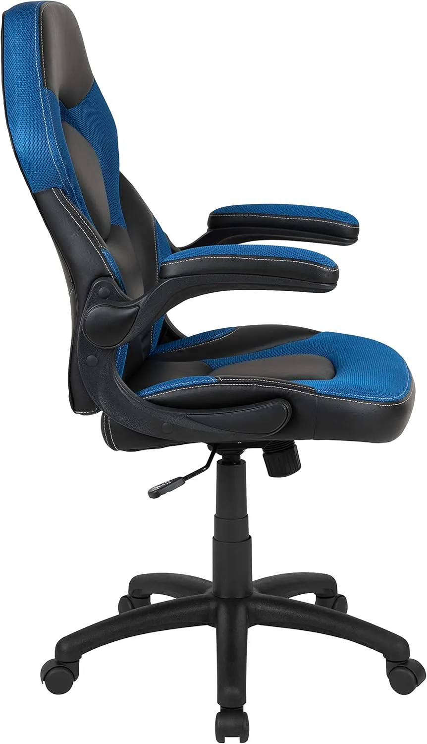 Flash Furniture X10 High-Back LeatherSoft Racing Style Gaming Chair with Flip-Up Arms, Ergonomic Padded Swivel Computer Chair, Blue/Black