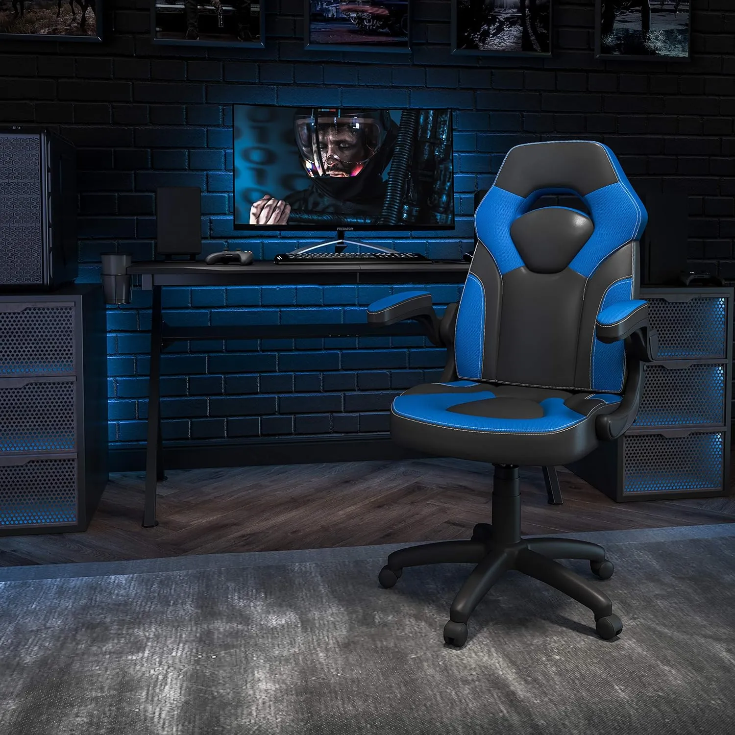 Flash Furniture X10 High-Back LeatherSoft Racing Style Gaming Chair with Flip-Up Arms, Ergonomic Padded Swivel Computer Chair, Blue/Black