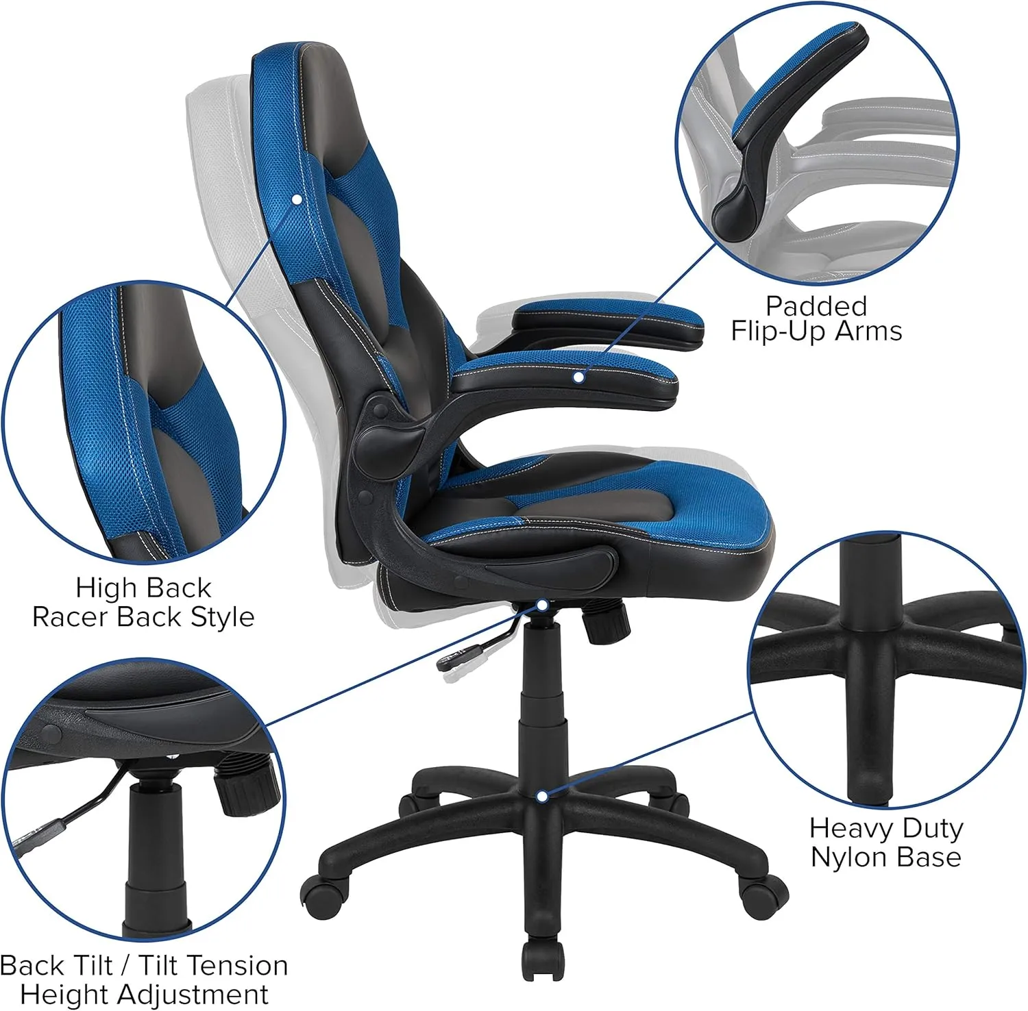 Flash Furniture X10 High-Back LeatherSoft Racing Style Gaming Chair with Flip-Up Arms, Ergonomic Padded Swivel Computer Chair, Blue/Black