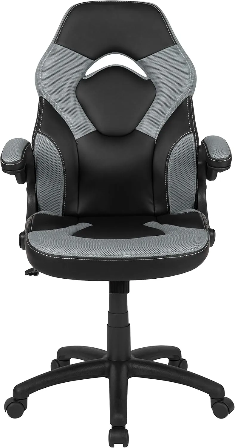 Flash Furniture X10 High-Back LeatherSoft Racing Style Gaming Chair with Flip-Up Arms, Ergonomic Padded Swivel Computer Chair, Gray/Black
