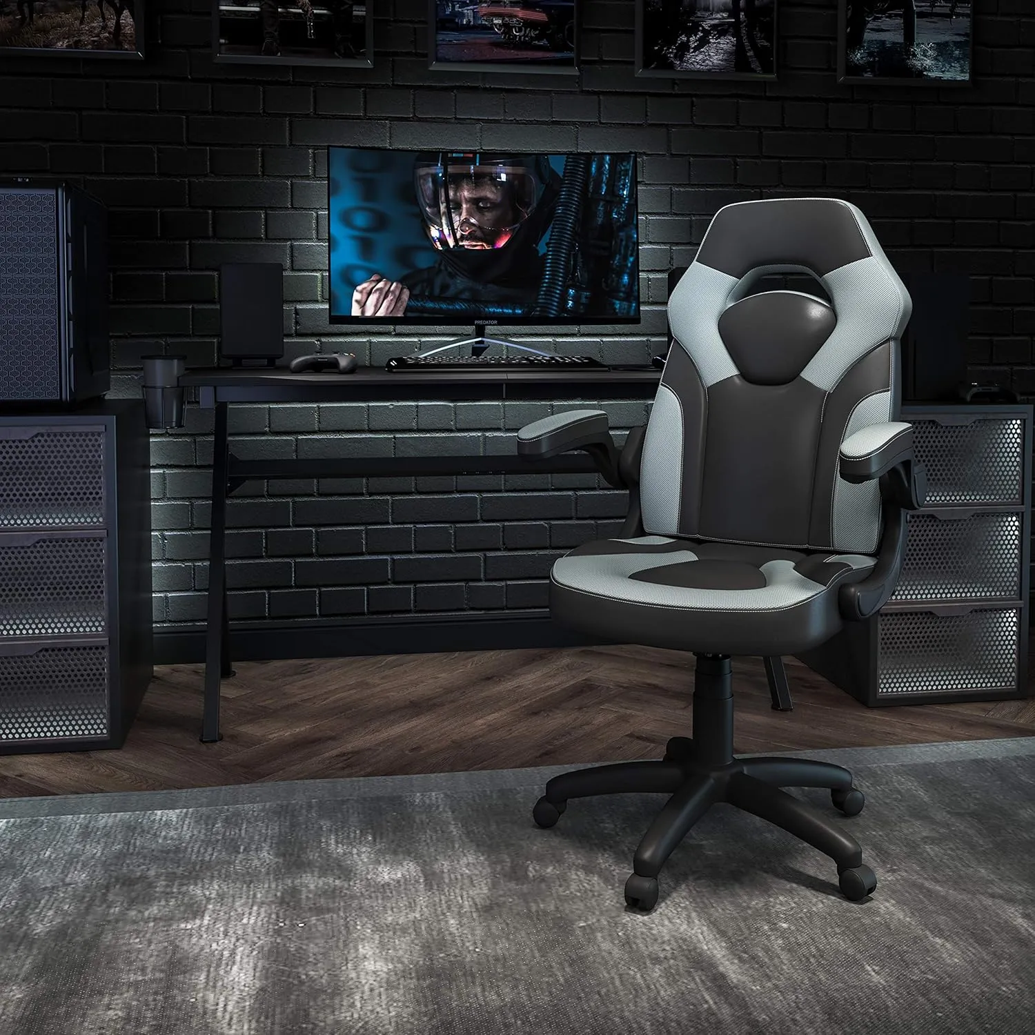 Flash Furniture X10 High-Back LeatherSoft Racing Style Gaming Chair with Flip-Up Arms, Ergonomic Padded Swivel Computer Chair, Gray/Black