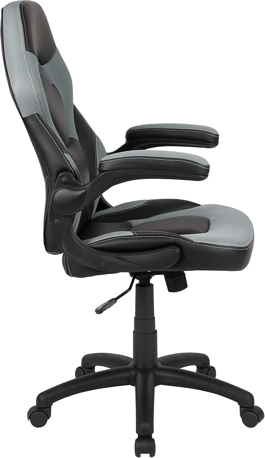 Flash Furniture X10 High-Back LeatherSoft Racing Style Gaming Chair with Flip-Up Arms, Ergonomic Padded Swivel Computer Chair, Gray/Black