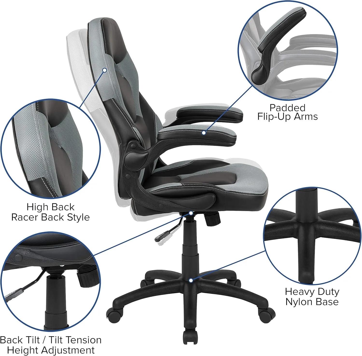 Flash Furniture X10 High-Back LeatherSoft Racing Style Gaming Chair with Flip-Up Arms, Ergonomic Padded Swivel Computer Chair, Gray/Black