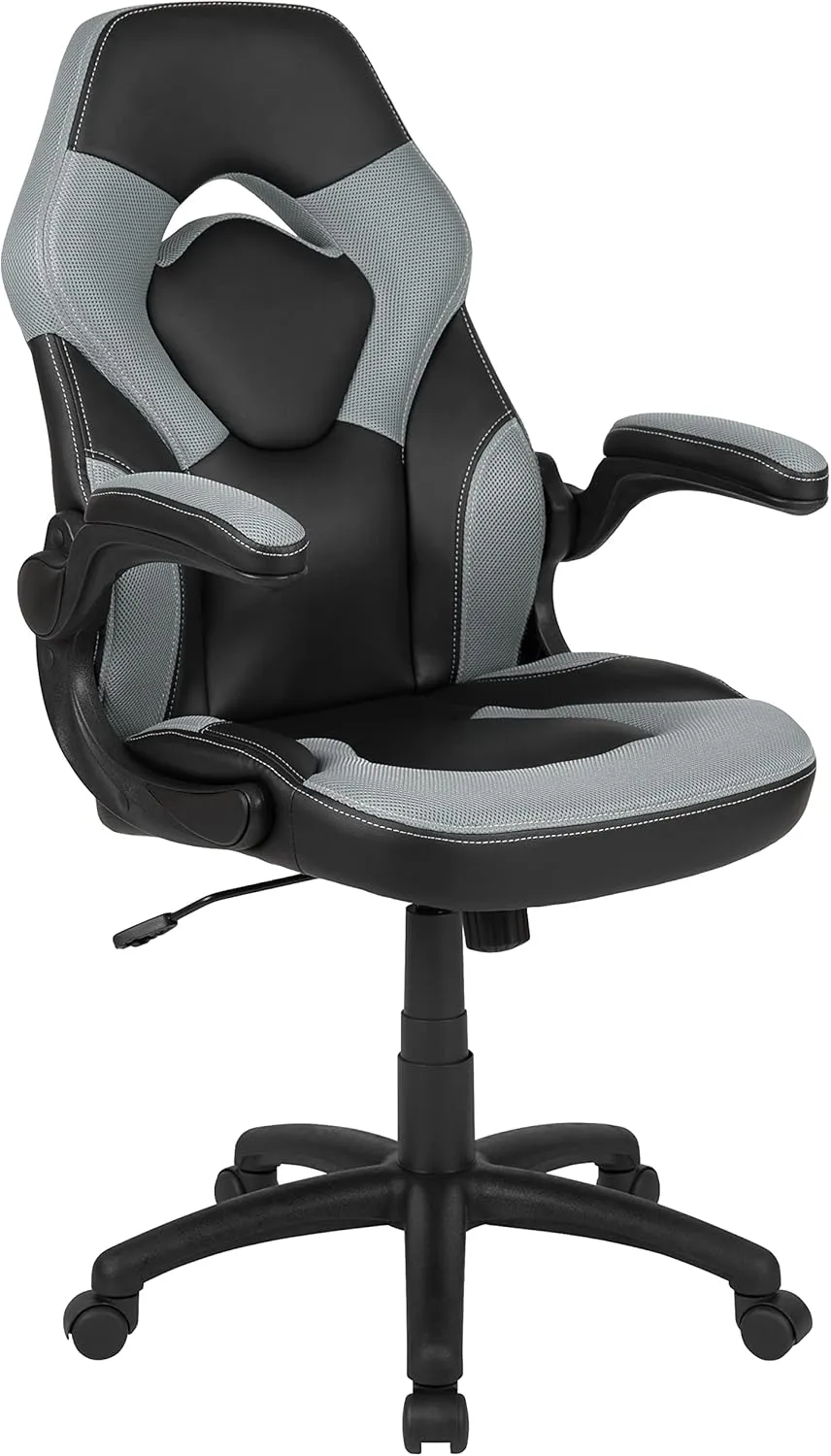 Flash Furniture X10 High-Back LeatherSoft Racing Style Gaming Chair with Flip-Up Arms, Ergonomic Padded Swivel Computer Chair, Gray/Black