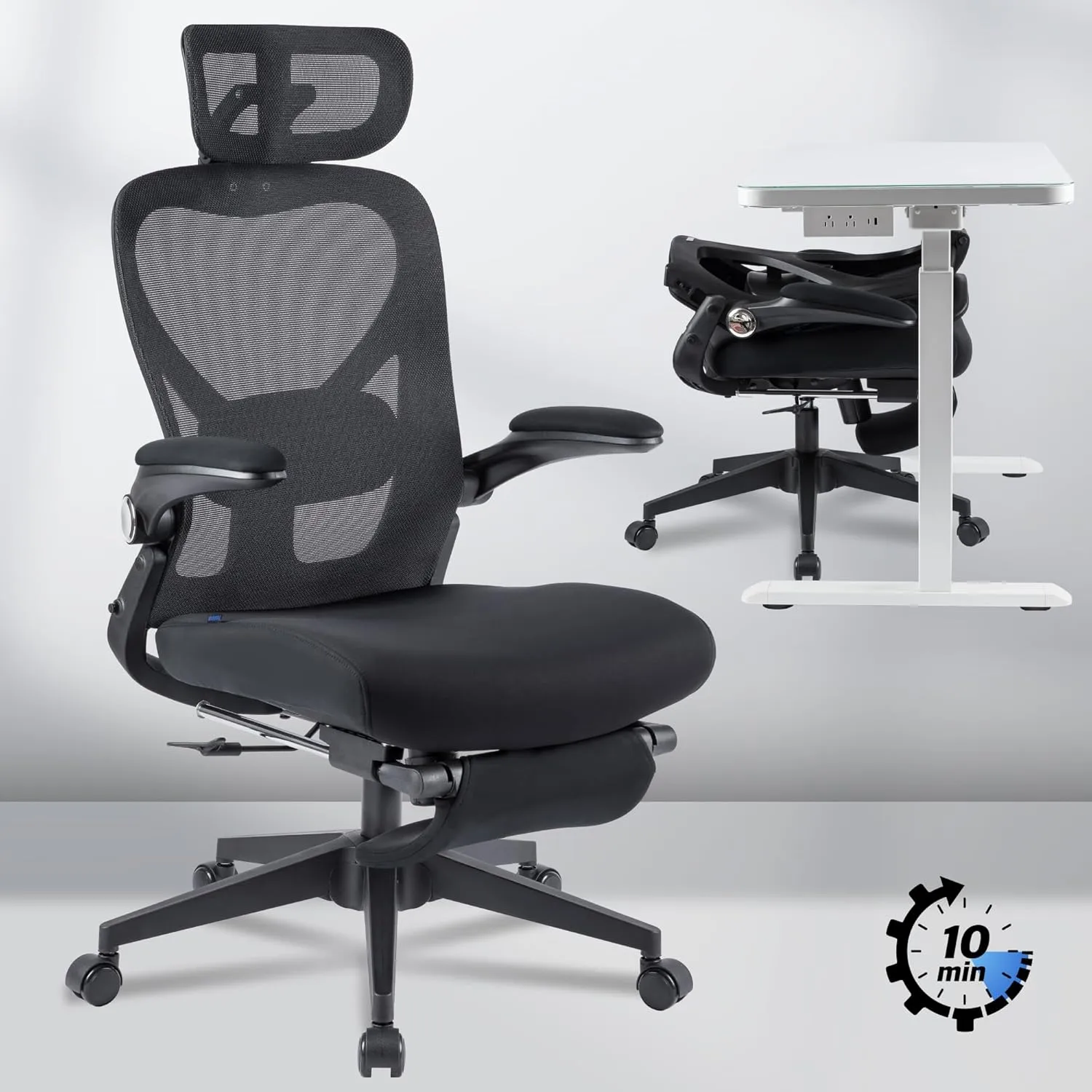 FLEXISPOT Foldex Ergonomic Office Chair, Folding Chair for Small Spaces with Lumbar Support, Flip-up Armrests, 3D Headrest, Desk Chairs with Footrest for Work,Video Game (Foam Seat, Black)