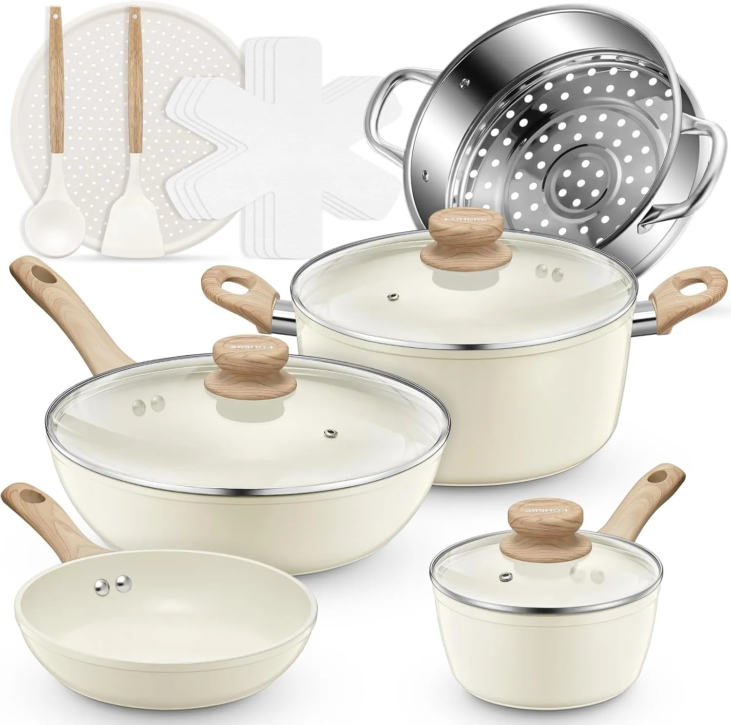 FOHERE 15 PCS Non-stick Cookware Sets, Ceramic Pots and Pans Set, Kitchen Induction Cooking Set with Pizza Pan, Food Steamer, Saucepans, Frying Pans (White)