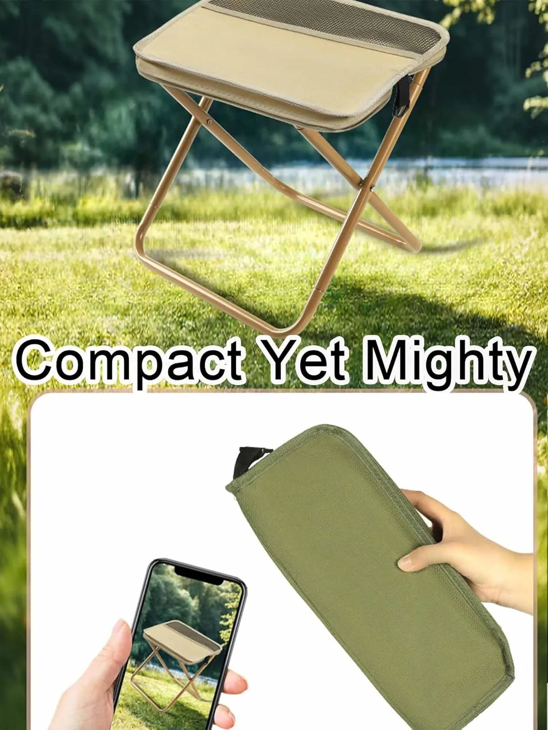 Foldable Backpack Stool, Folding Mini Outdoor Camping Stool with Carry Bag, Lightweight Outdoor Zipper Pack Folding Chair Footstool for Picnic Hiking Fishing (Black, S)