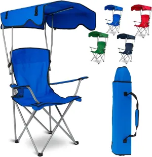 Foldable Camping Chair with Canopy - Sun Protection Beach Chair with Shade Canopy, 330LBS Load, Folding Seat with Cup Holder, Carrying Bag - Ideal Beach, Poolside, Travel, Picnic - Blue