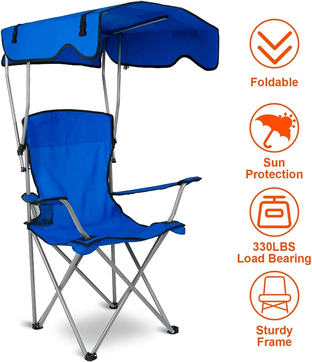 Foldable Camping Chair with Canopy - Sun Protection Beach Chair with Shade Canopy, 330LBS Load, Folding Seat with Cup Holder, Carrying Bag - Ideal Beach, Poolside, Travel, Picnic - Blue