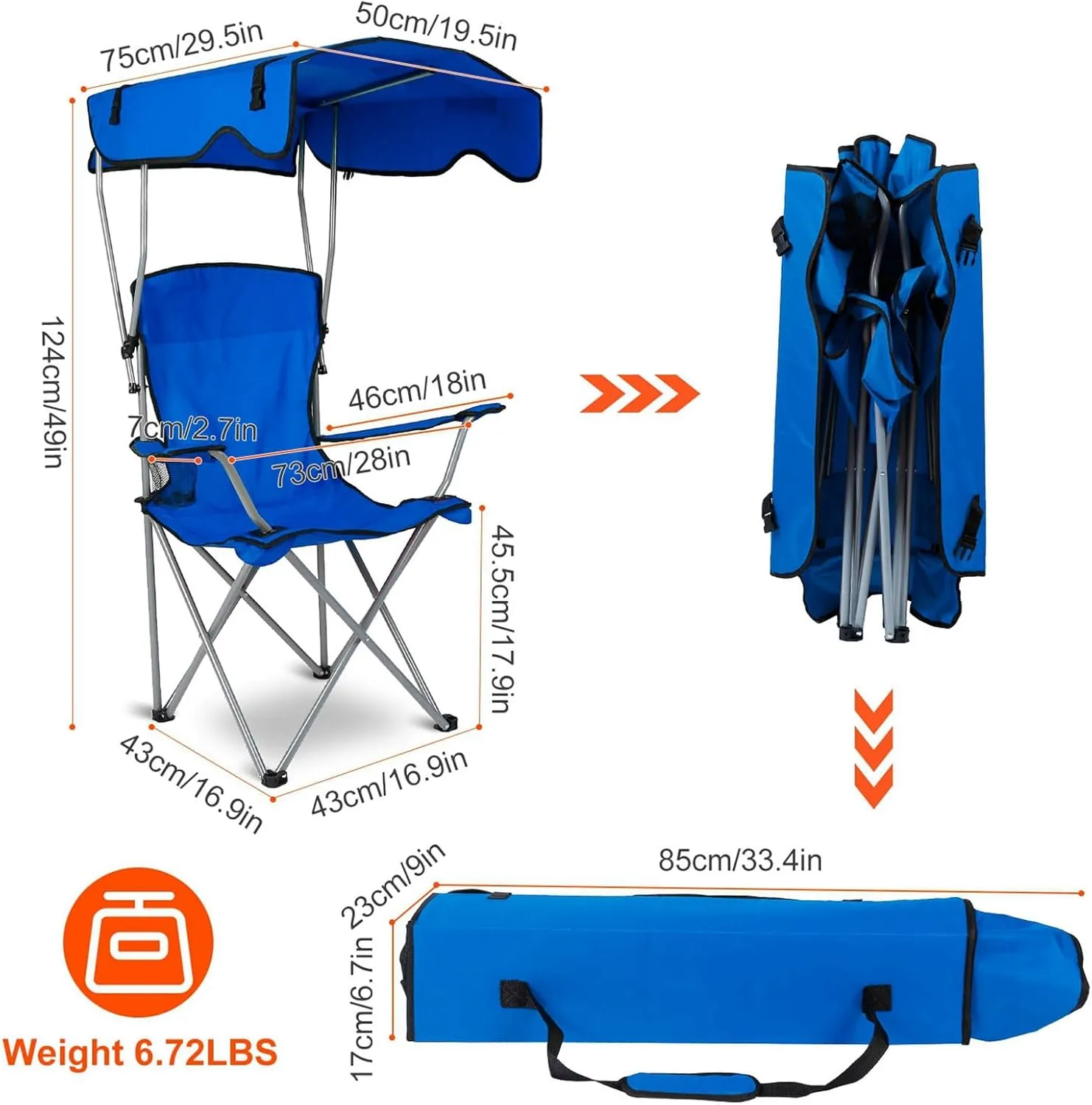Foldable Camping Chair with Canopy - Sun Protection Beach Chair with Shade Canopy, 330LBS Load, Folding Seat with Cup Holder, Carrying Bag - Ideal Beach, Poolside, Travel, Picnic - Blue
