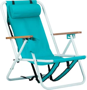 Folding Backpack Beach Chair, 4 Position Portable Camping Chair with Headrest Cup Holder and Wooden Armrests, Sky Blue