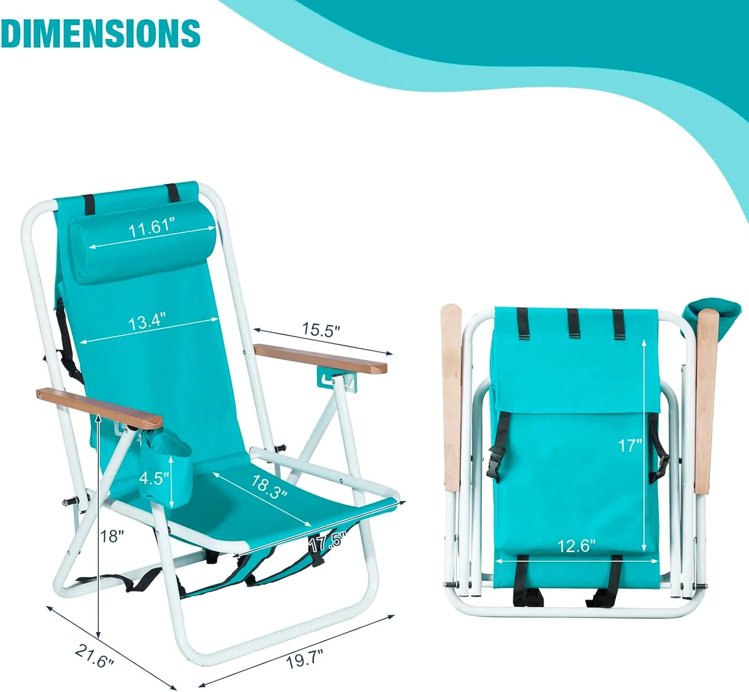 Folding Backpack Beach Chair, 4 Position Portable Camping Chair with Headrest Cup Holder and Wooden Armrests, Sky Blue