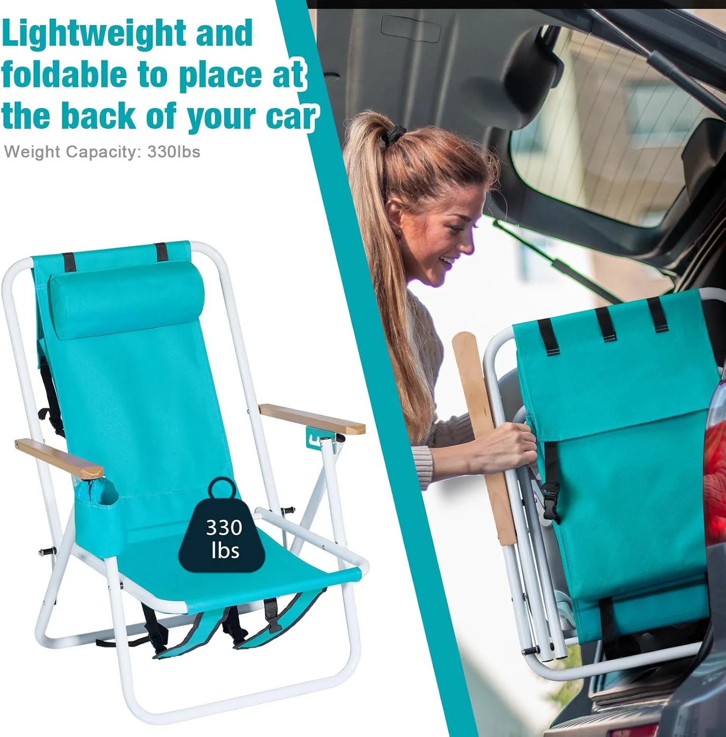 Folding Backpack Beach Chair, 4 Position Portable Camping Chair with Headrest Cup Holder and Wooden Armrests, Sky Blue