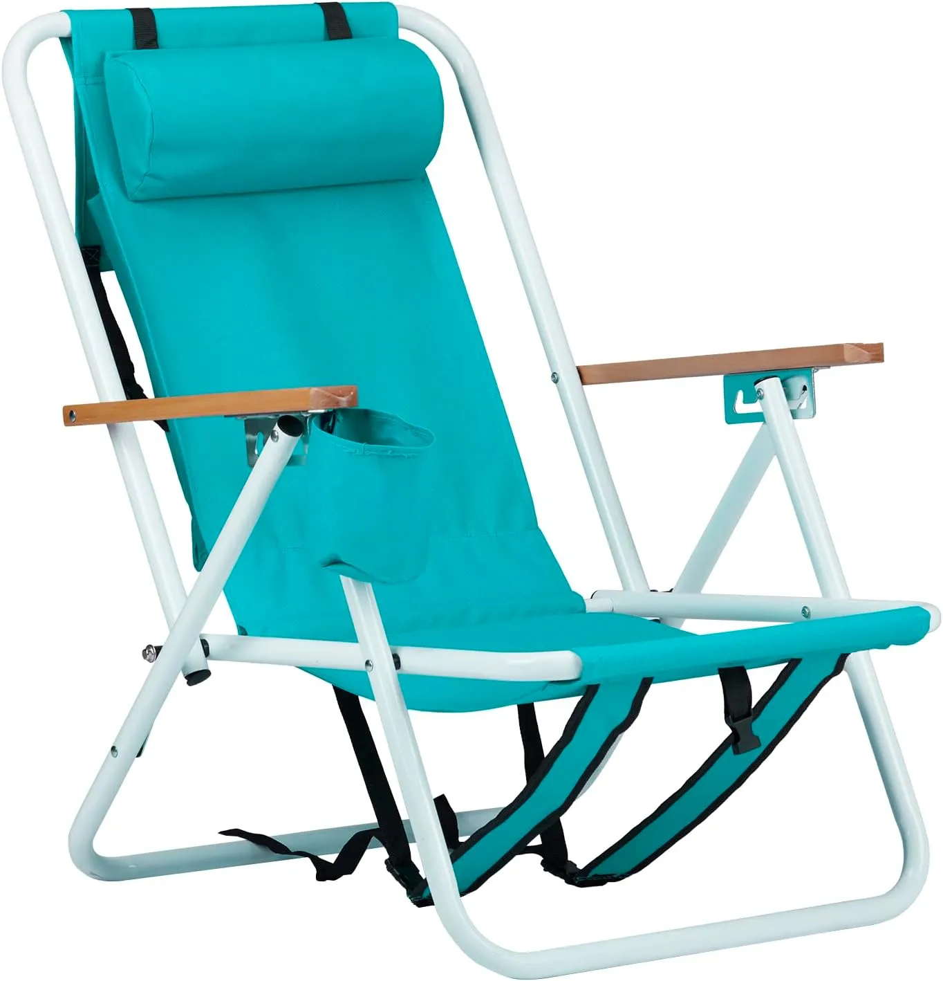Folding Backpack Beach Chair, 4 Position Portable Camping Chair with Headrest Cup Holder and Wooden Armrests, Sky Blue