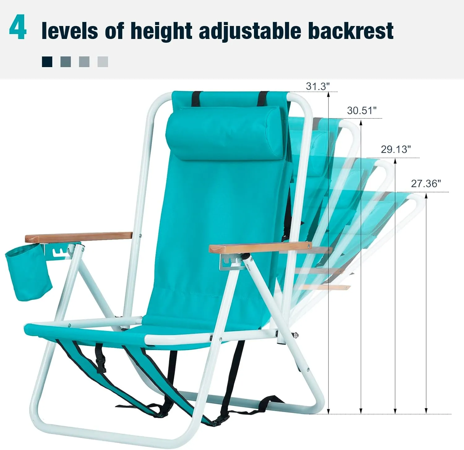 Folding Backpack Beach Chair, 4 Position Portable Camping Chair with Headrest Cup Holder and Wooden Armrests, Sky Blue