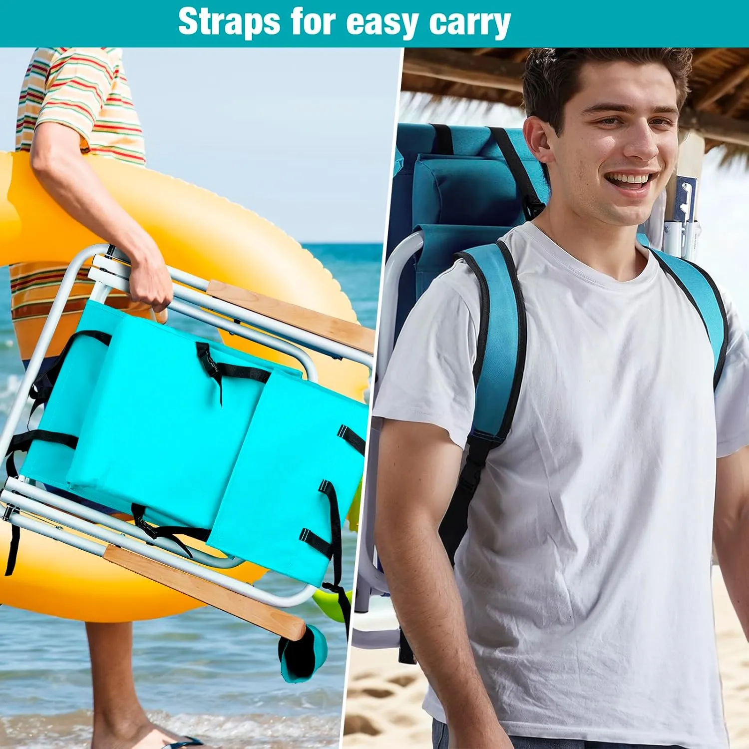 Folding Backpack Beach Chair, 4 Position Portable Camping Chair with Headrest Cup Holder and Wooden Armrests, Sky Blue