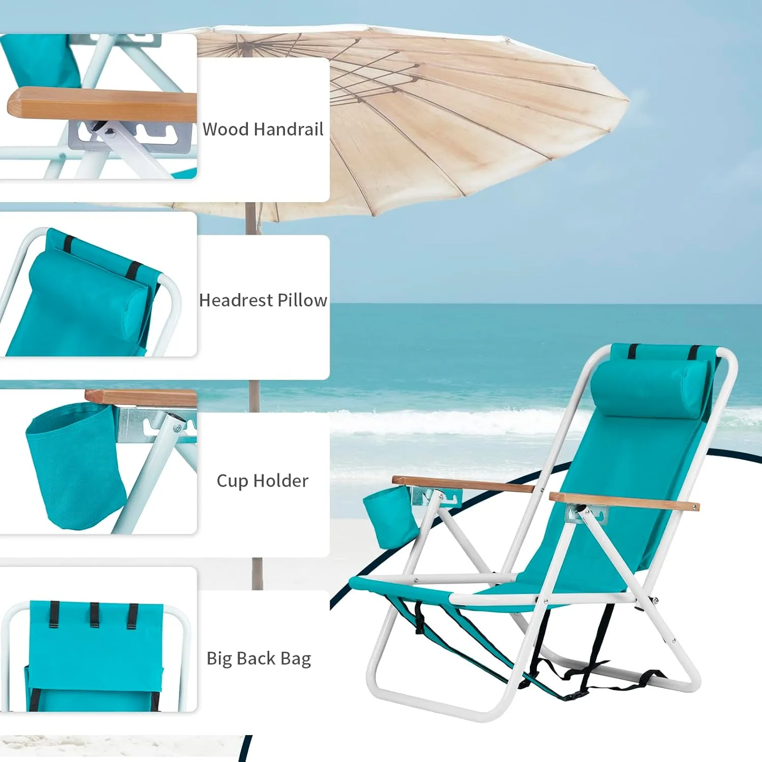 Folding Backpack Beach Chair, 4 Position Portable Camping Chair with Headrest Cup Holder and Wooden Armrests, Sky Blue