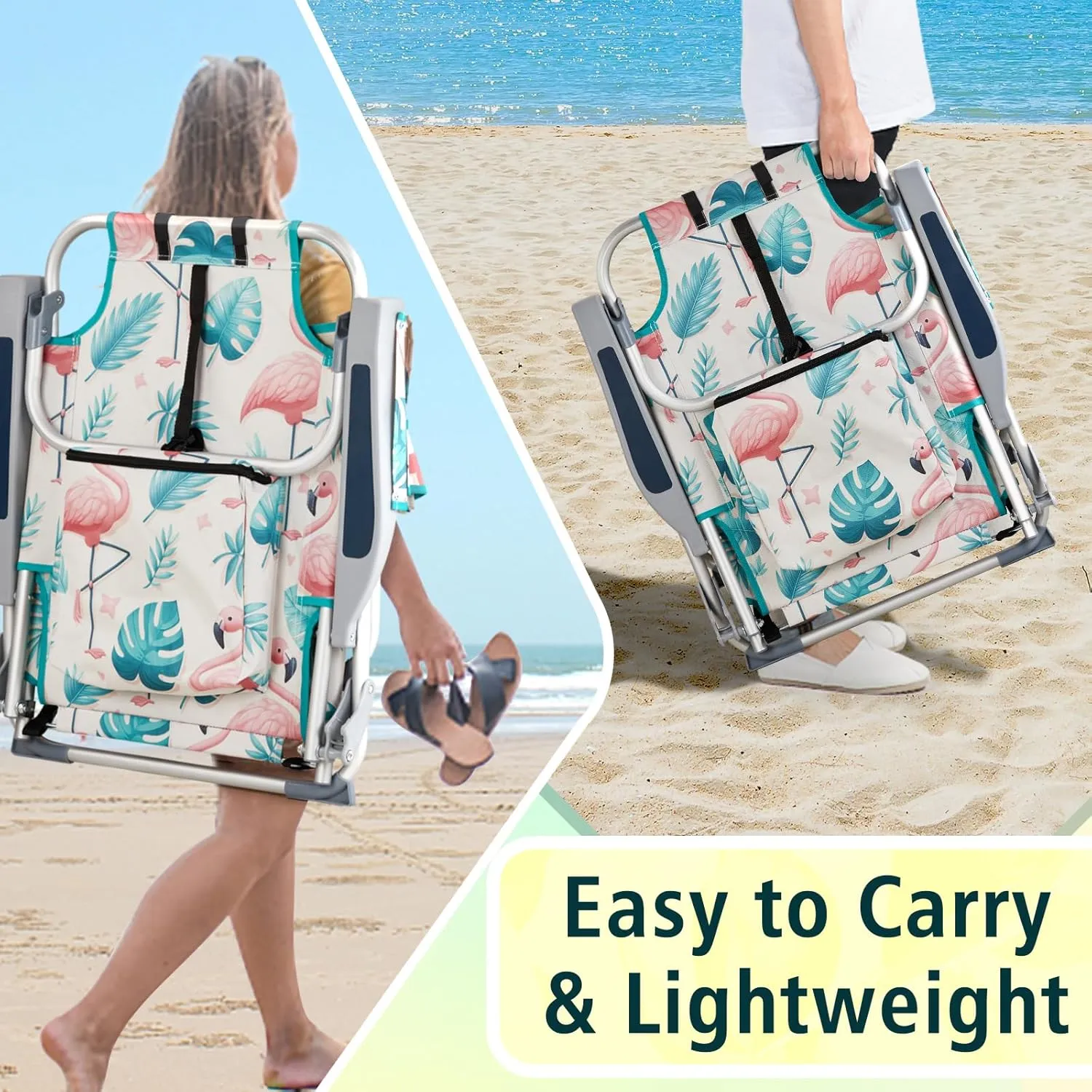 Folding Beach Chair for Adults,Lightweight Beach Chair with Shoulder Straps,High Back Beach Chairs with Hard Armrest,Supports 220lbs for Lawn Concert,Outdoor Camp,Camping,Hiking,Backpacking,Flamingo