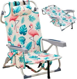 Folding Beach Chair for Adults,Lightweight Beach Chair with Shoulder Straps,High Back Beach Chairs with Hard Armrest,Supports 220lbs for Lawn Concert,Outdoor Camp,Camping,Hiking,Backpacking,Flamingo