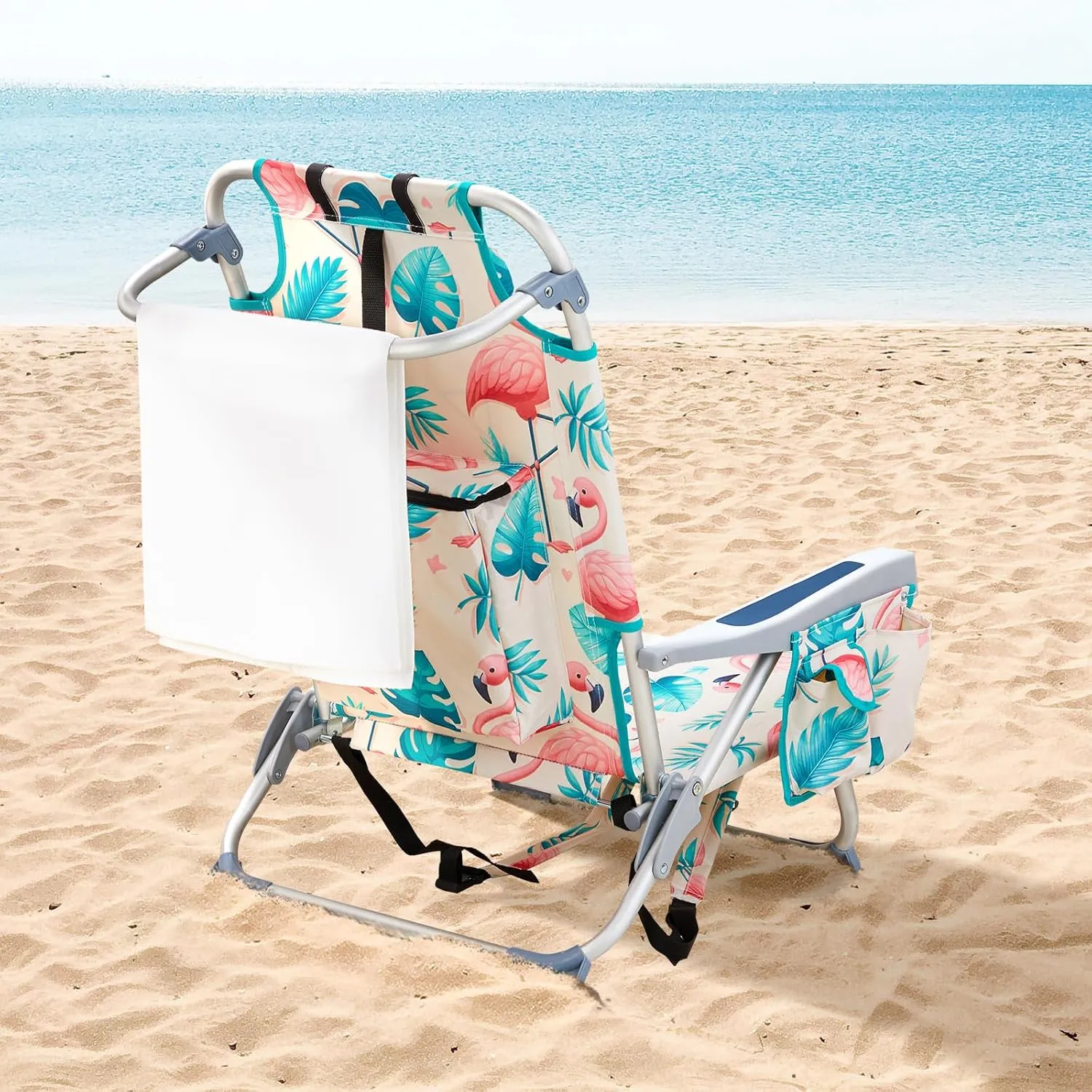 Folding Beach Chair for Adults,Lightweight Beach Chair with Shoulder Straps,High Back Beach Chairs with Hard Armrest,Supports 220lbs for Lawn Concert,Outdoor Camp,Camping,Hiking,Backpacking,Flamingo