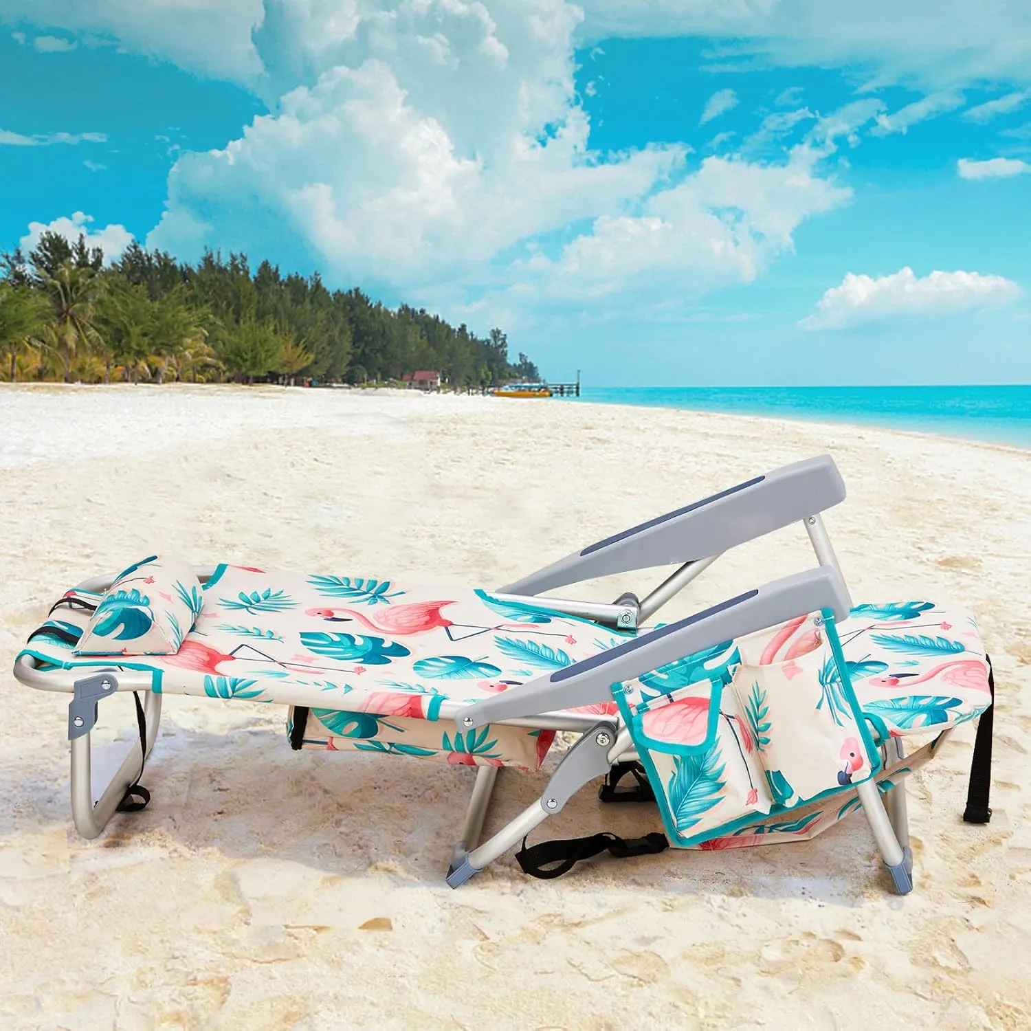 Folding Beach Chair for Adults,Lightweight Beach Chair with Shoulder Straps,High Back Beach Chairs with Hard Armrest,Supports 220lbs for Lawn Concert,Outdoor Camp,Camping,Hiking,Backpacking,Flamingo