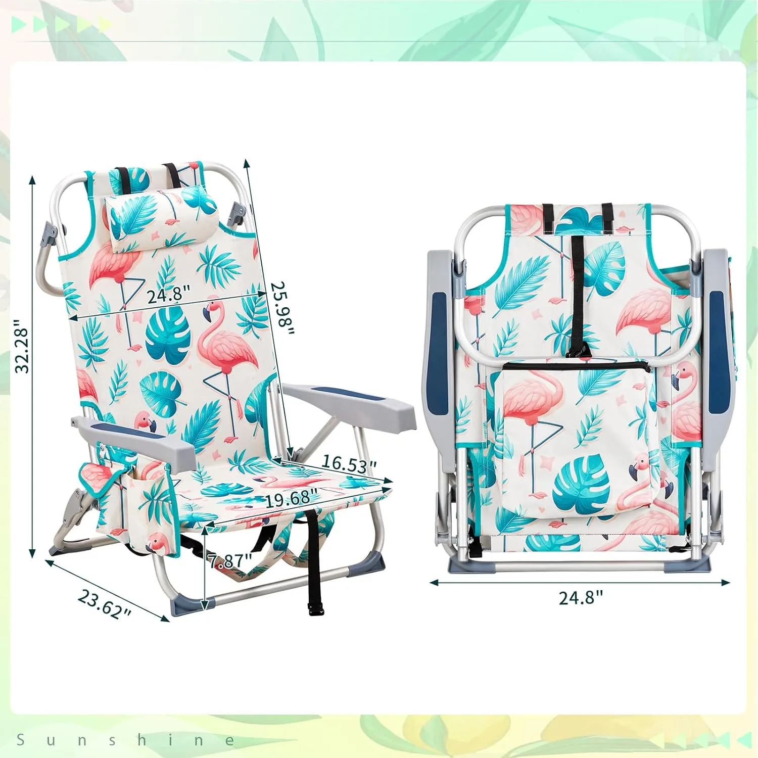 Folding Beach Chair for Adults,Lightweight Beach Chair with Shoulder Straps,High Back Beach Chairs with Hard Armrest,Supports 220lbs for Lawn Concert,Outdoor Camp,Camping,Hiking,Backpacking,Flamingo