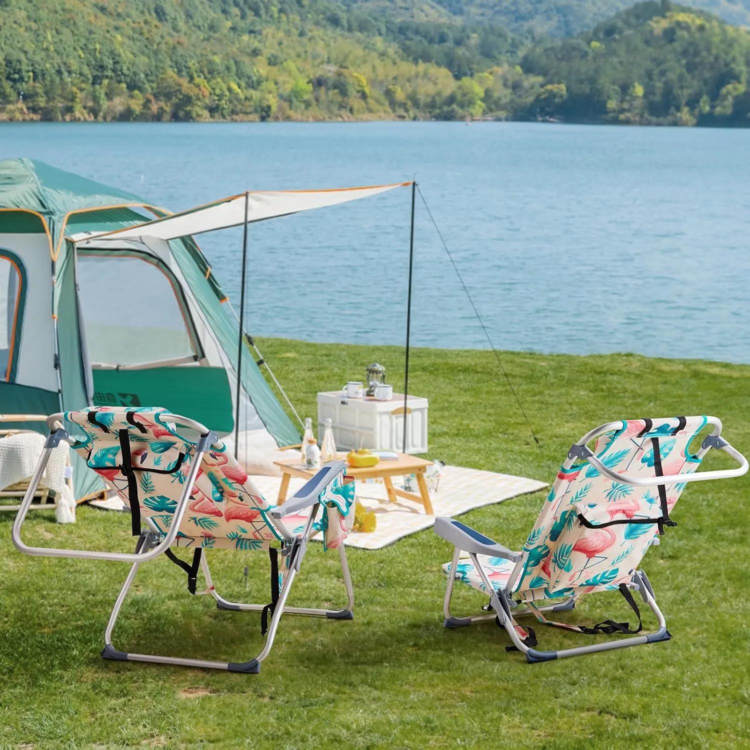 Folding Beach Chair for Adults,Lightweight Beach Chair with Shoulder Straps,High Back Beach Chairs with Hard Armrest,Supports 220lbs for Lawn Concert,Outdoor Camp,Camping,Hiking,Backpacking,Flamingo