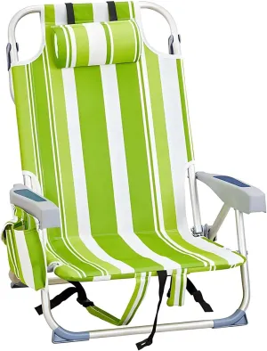 Folding Beach Chair, Portable Camping Chairs with Headrest, Cup Holder & Armrests, Backpack Beach Chairs with 5 Positions, High Back Chair with Green Stripes for Lawn, Concert, Garden, Camp (1-Pack)
