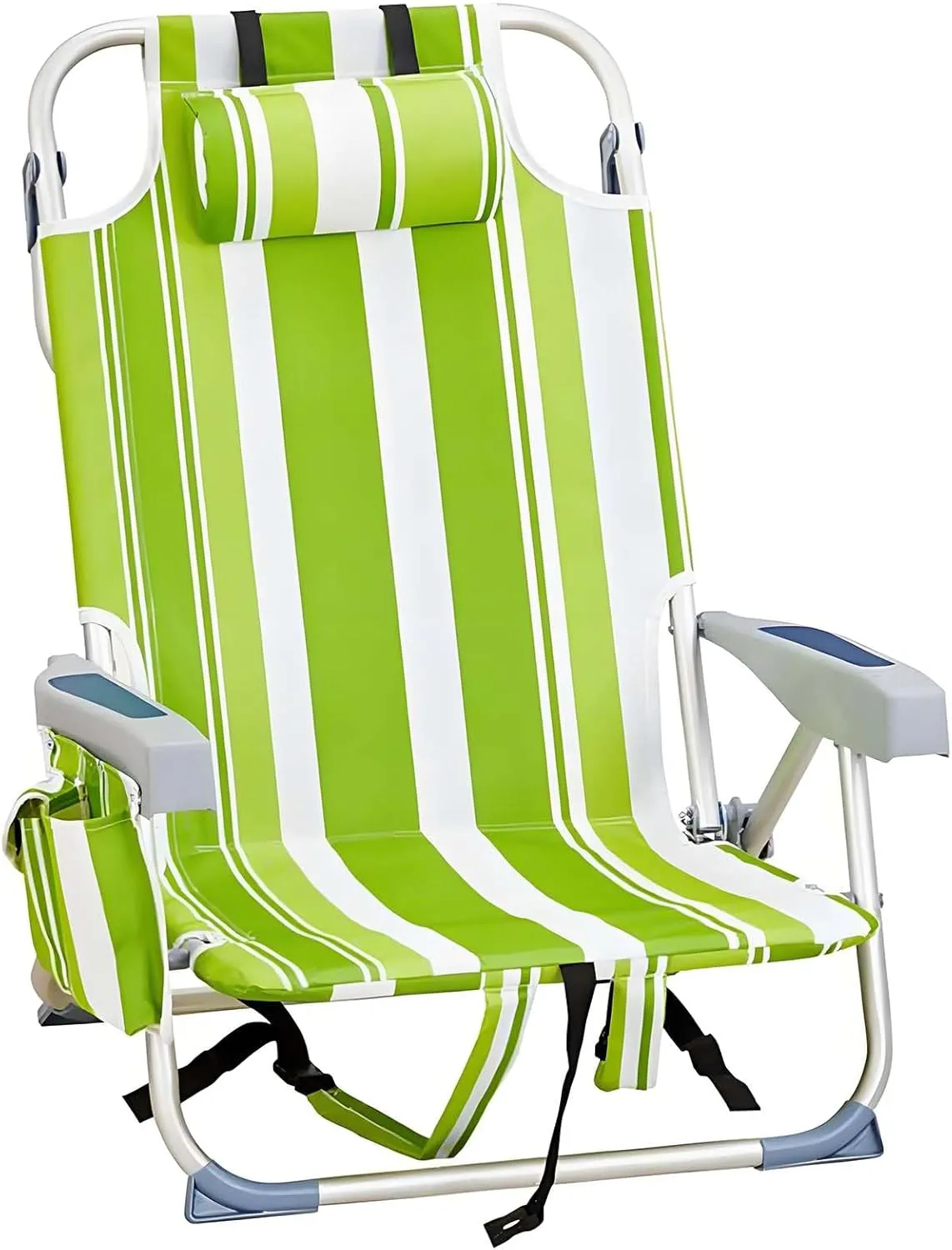 Folding Beach Chair, Portable Camping Chairs with Headrest, Cup Holder & Armrests, Backpack Beach Chairs with 5 Positions, High Back Chair with Green Stripes for Lawn, Concert, Garden, Camp (1-Pack)