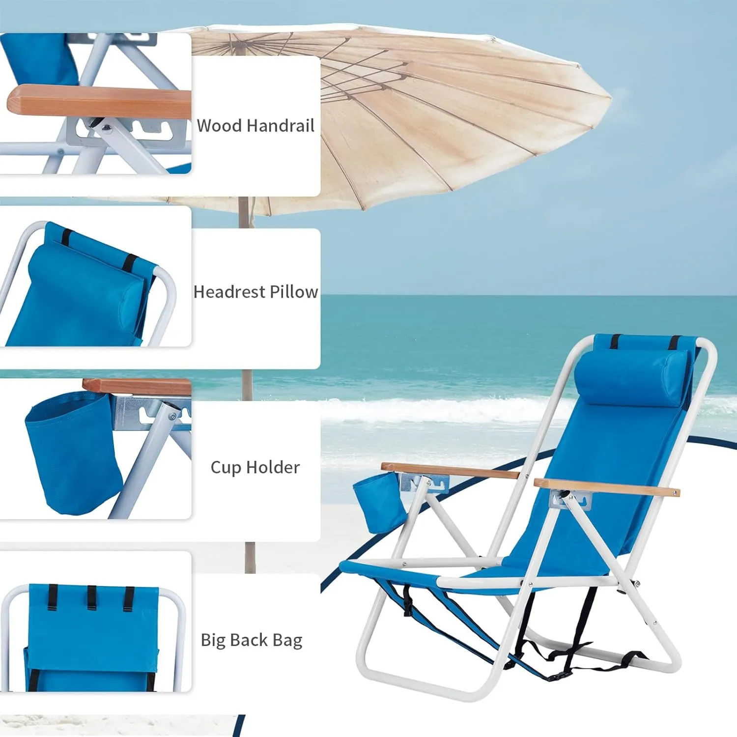 Folding Beach Chair Set of 2 for Adults, 4 Position Portable Backpack Foldable Camping Chair with Headrest Cup Holder and Wooden Armrests, Blue
