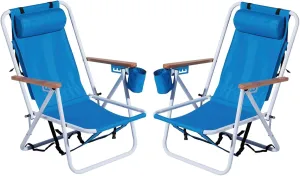 Folding Beach Chair Set of 2 for Adults, 4 Position Portable Backpack Foldable Camping Chair with Headrest Cup Holder and Wooden Armrests, Blue