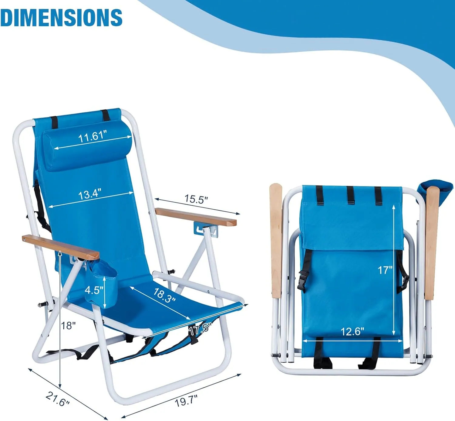 Folding Beach Chair Set of 2 for Adults, 4 Position Portable Backpack Foldable Camping Chair with Headrest Cup Holder and Wooden Armrests, Blue