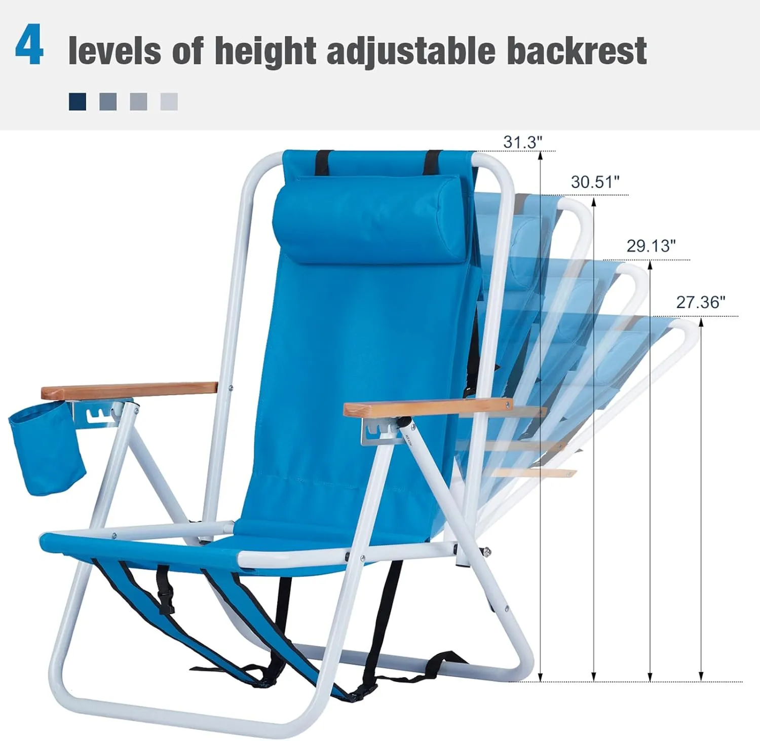 Folding Beach Chair Set of 2 for Adults, 4 Position Portable Backpack Foldable Camping Chair with Headrest Cup Holder and Wooden Armrests, Blue
