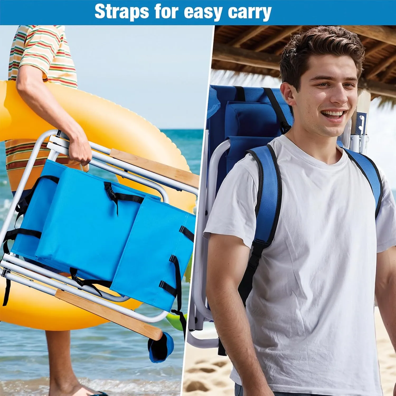 Folding Beach Chair Set of 2 for Adults, 4 Position Portable Backpack Foldable Camping Chair with Headrest Cup Holder and Wooden Armrests, Blue