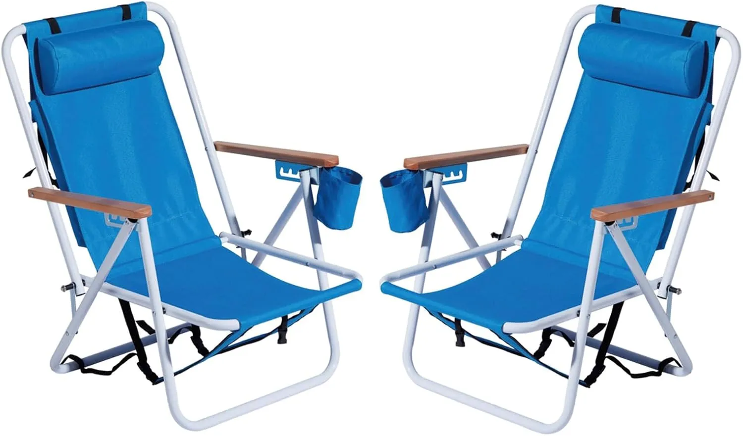 Folding Beach Chair Set of 2 for Adults, 4 Position Portable Backpack Foldable Camping Chair with Headrest Cup Holder and Wooden Armrests, Blue