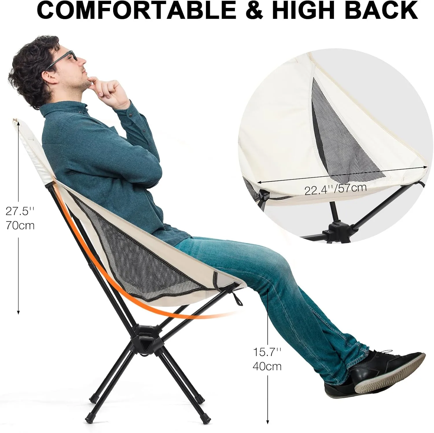 Folding Camping Chairs Men Women, High Back Beach Camping Chairs for Adults, Lightweight Backpacking Travel Chair for Hiking Outside Picnic, White