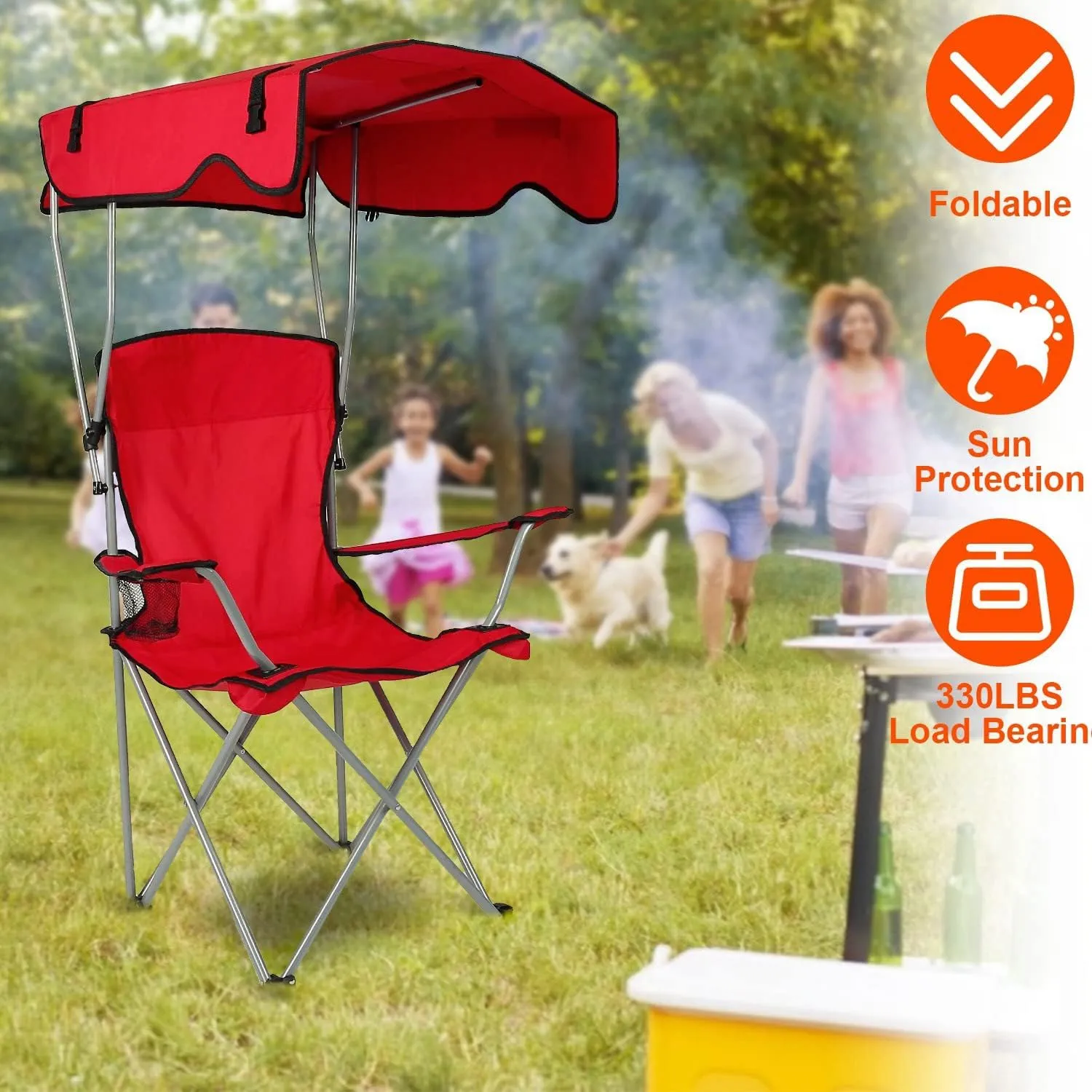 Folding Chair for Outside Camping Chair Foldable Canopy Chair with Shade Sun Protection Camping Recliner a Carry Bag with Cup Holder for Fishing/Beach/Poolside/Travel