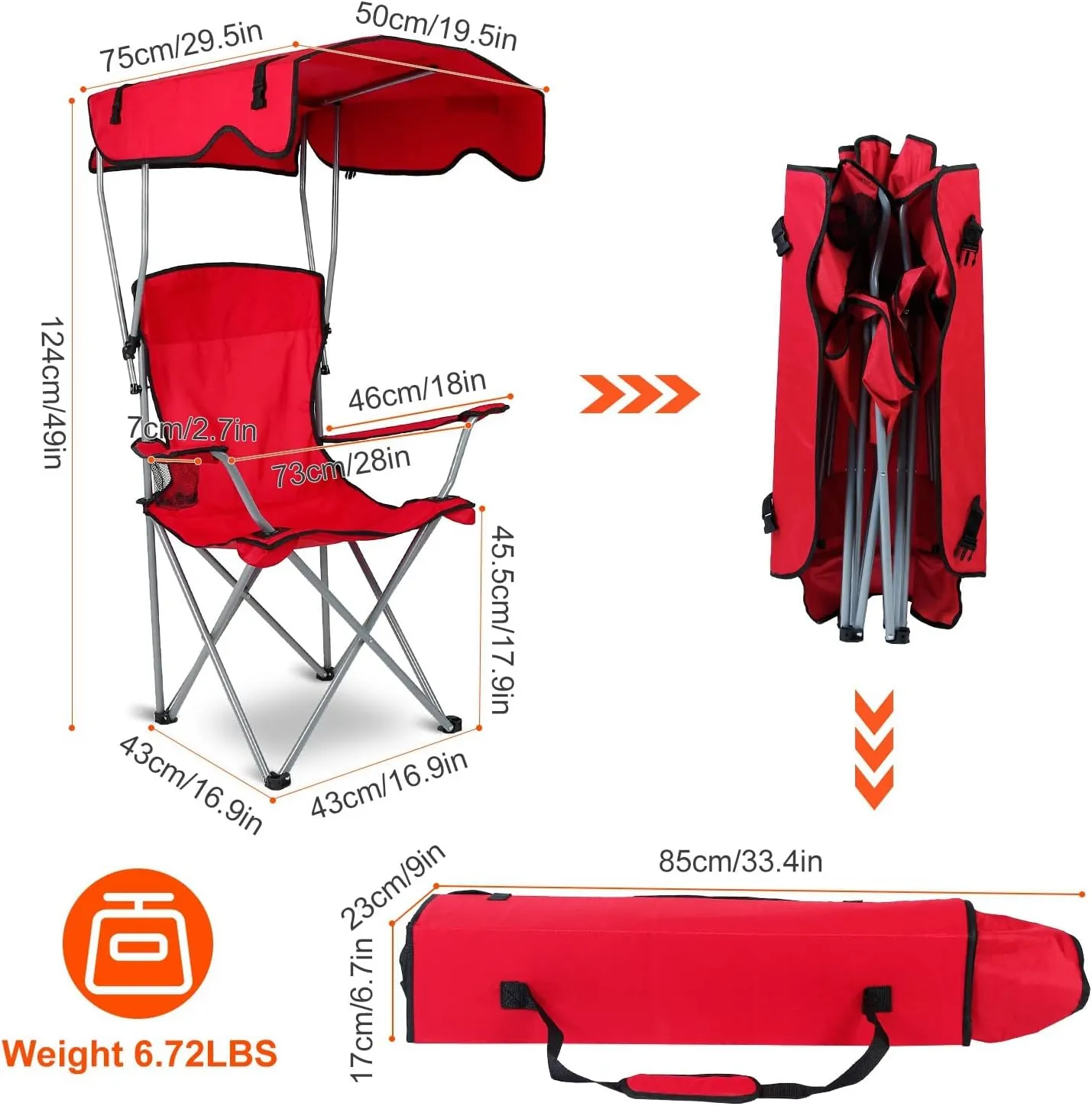 Folding Chair for Outside Camping Chair Foldable Canopy Chair with Shade Sun Protection Camping Recliner a Carry Bag with Cup Holder for Fishing/Beach/Poolside/Travel