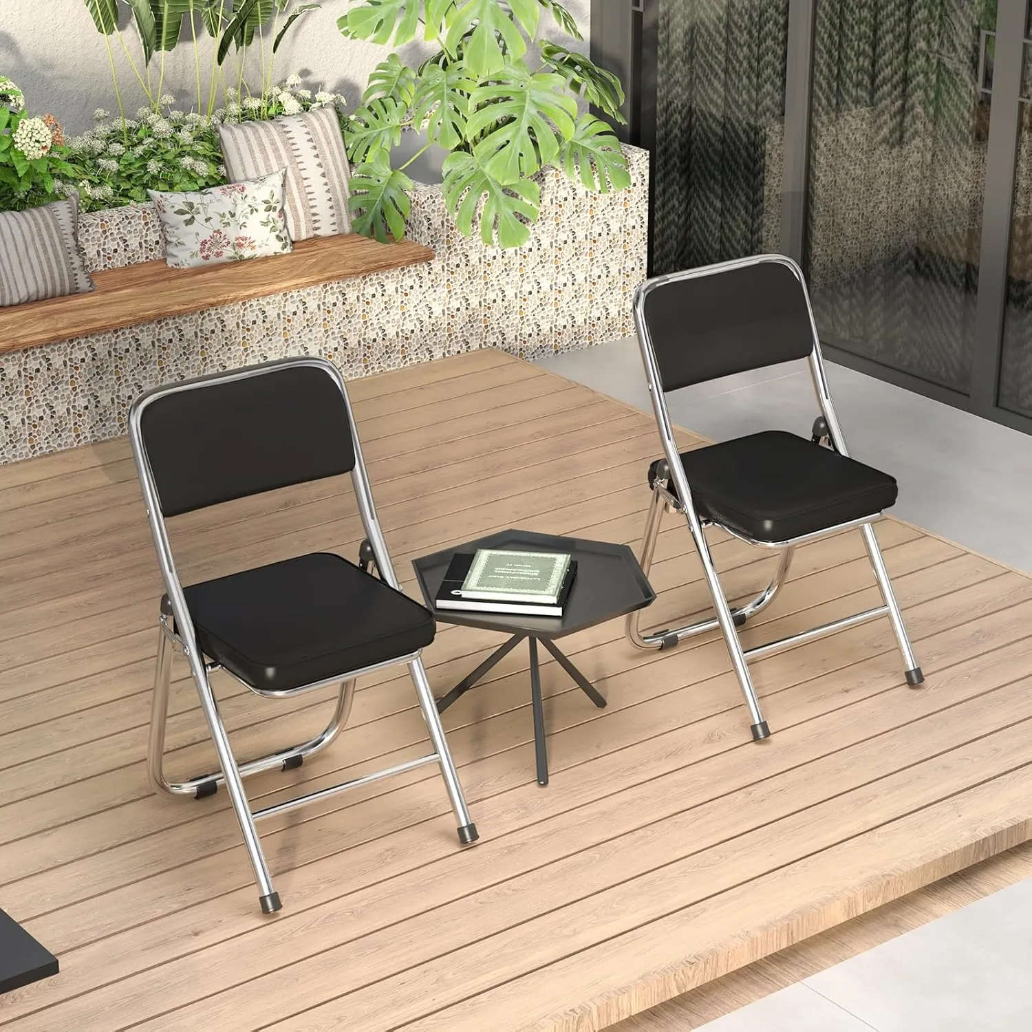 Folding Chairs 2 Pack with Ultra Thick Padded Seats, Foldable Chair Indoor, Comfortable Metal Chairs, Portable Stackable Commercial Seat with Steel Frame for Events Office Wedding Parties (Black)