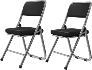 Folding Chairs 2 Pack with Ultra Thick Padded Seats, Foldable Chair Indoor, Comfortable Metal Chairs, Portable Stackable Commercial Seat with Steel Frame for Events Office Wedding Parties (Black)