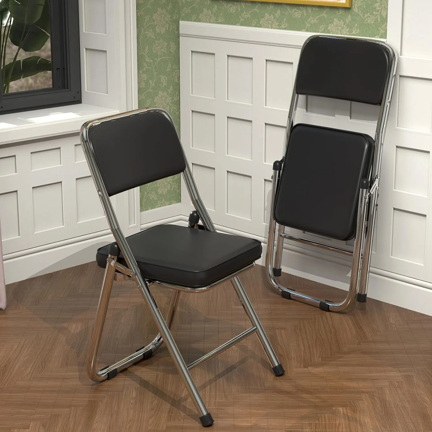 Folding Chairs 2 Pack with Ultra Thick Padded Seats, Foldable Chair Indoor, Comfortable Metal Chairs, Portable Stackable Commercial Seat with Steel Frame for Events Office Wedding Parties (Black)